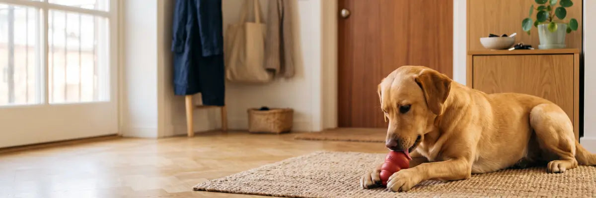 Un cane vicino all'ingresso di casa con un gioco masticativo che aiuta a prevenire comportamenti dovuto all'ansia da separazione