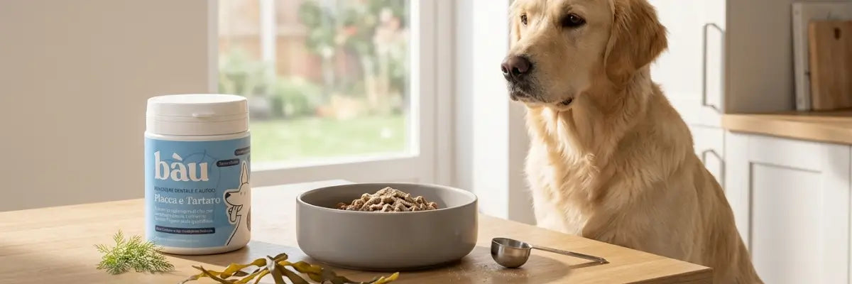 Immagine realizzata con intelligenza artificiale che mostra un cane vicino a ciotola con polvere di Ascophyllum nodosum per cani contro placca e tartaro.