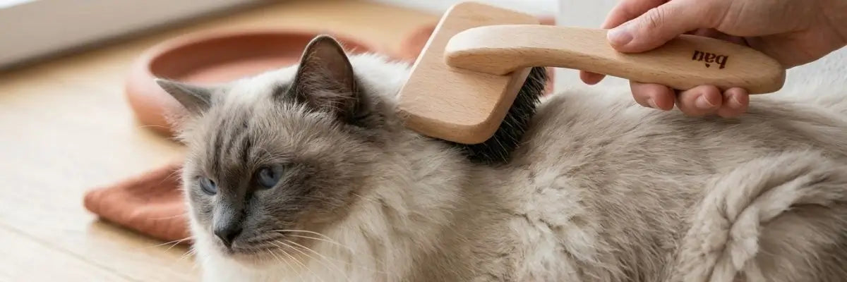 Gatto a pelo lungo spazzolato delicatamente dal proprietario in un appartamento moderno e minimale; immagine incentrata sulla prevenzione naturale dei boli di pelo nel gatto e sul benessere quotidiano.