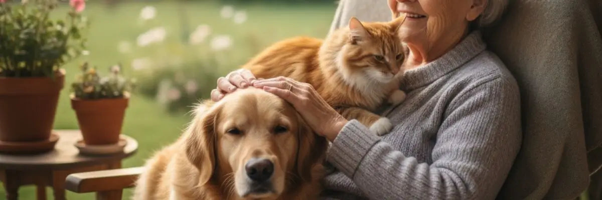 Persona anziana felice e rilassata con cane e gatto mentre li accarezza