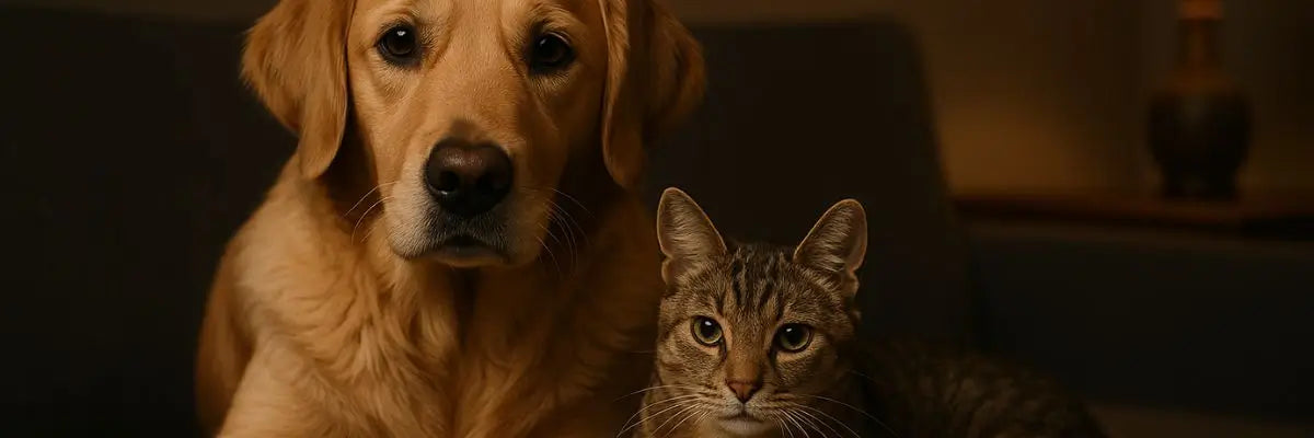 Cane e gatto insieme su un divano in un ambiente domestico con luce calda, simbolo del legame familiare tra pet e proprietari.