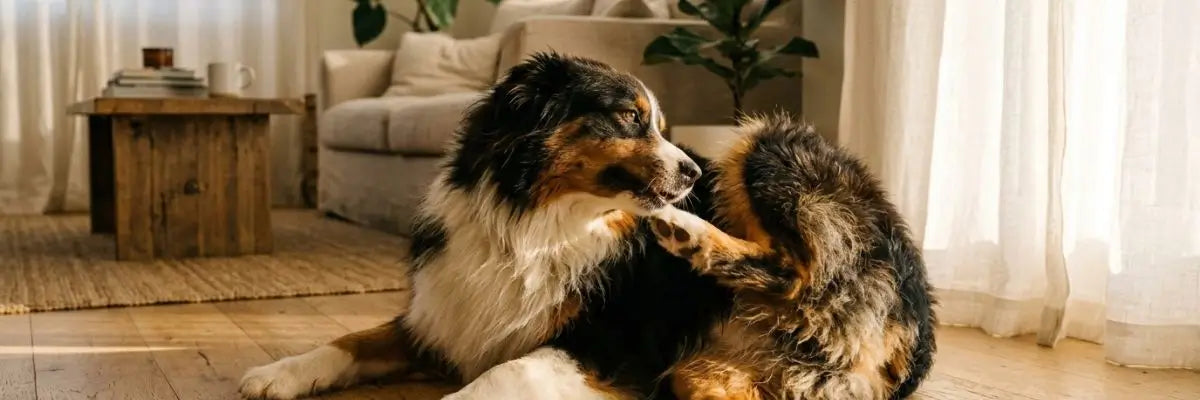Cane a pelo folto in casa con fastidio e prurito dovuto alla dermatite estiva nel cane.