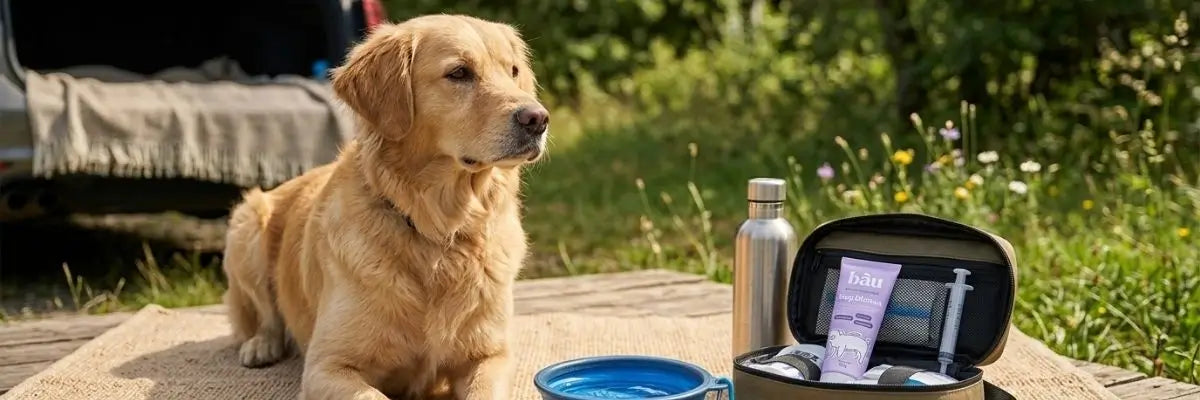 Immagine realizzata con intelligenza artificiale che mostra un cane sereno durante una sosta di viaggio con ciotola d'acqua e kit specifico per prevenire la diarrea del cane in vacanza.