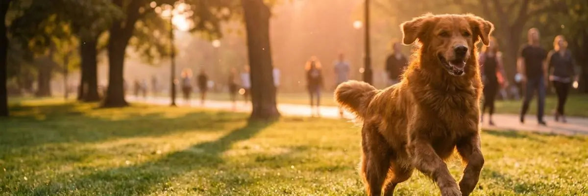 Un cane di razza Golden Retriever che corre in salute e felice in un parco cittadino