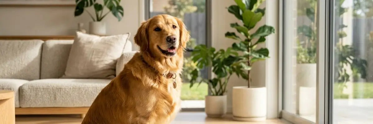 Un cane di razza Golden Retriever seduto in un soggiorno di una casa con il manto in salute illuminato dal sole