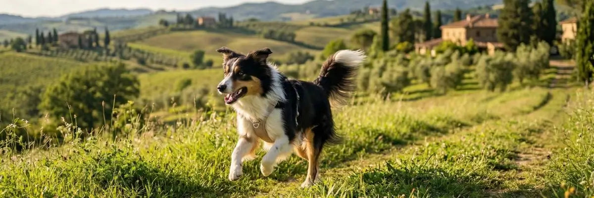 Immagine creata con intelligenza artificiale che mostra un cane che corre con agilità su un prato senza problematiche alle articolazioni