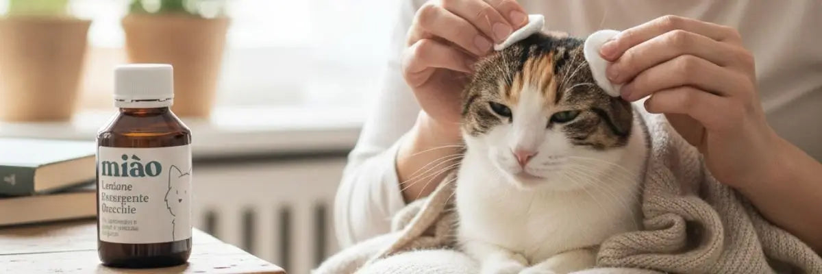 Un gatto durante una pulizia delle orecchie fatta in sicurezza con il detergente orecchie specifico di Bau Cosmesi