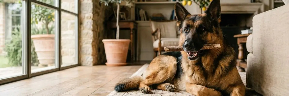 Pastore tedesco in un soggiorno luminoso mentre cura l'igiene orale del cane con uno snack naturale.