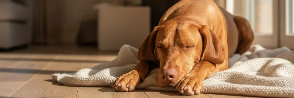 Un cane sereno che riposa al sole, che mostra i benefici di L-triptofano e valeriana per cani come calmanti naturali.