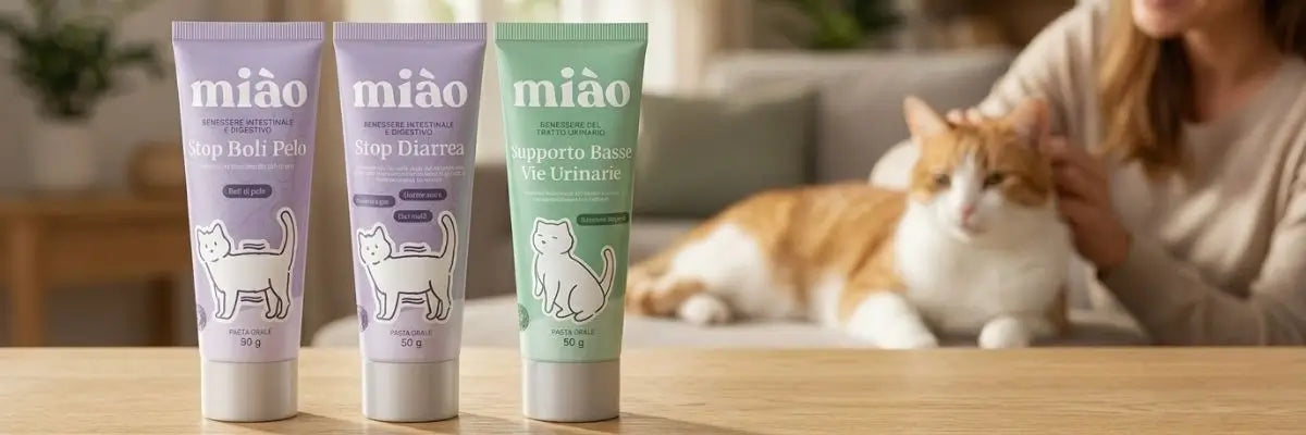 Integratori in pasta per gatti della linea Miào di Bau Cosmesi su un tavolo in legno, con gatto e proprietaria in un ambiente domestico luminoso e moderno in stile premium lifestyle.