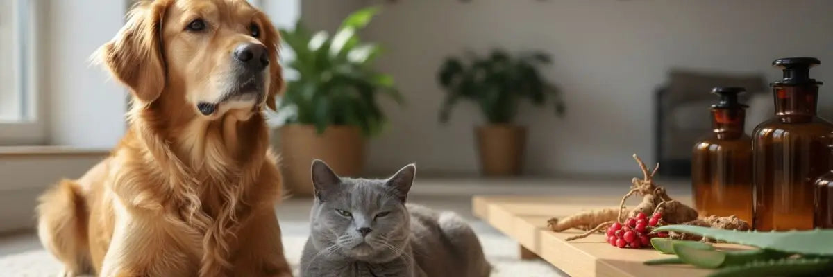 Cane e gatto sereni, circondati da ingredienti naturali che evocano la nutraceutica veterinaria e il benessere animale.
