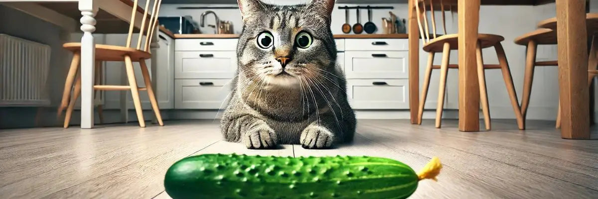 Illustrazione di un gatto sdraiato in una cucina che guardata spaventato un cetriolo