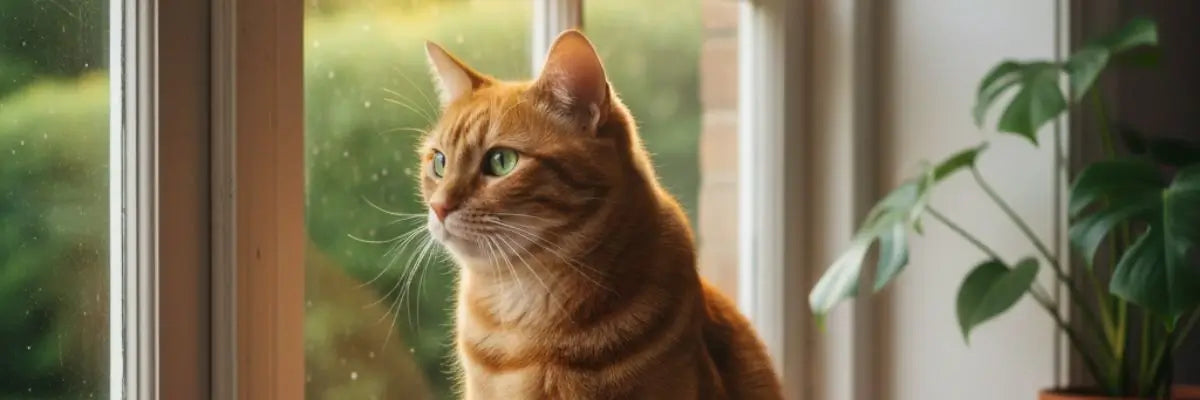 Un gatto rosso in appartamento che guarda fuori dalla finestra