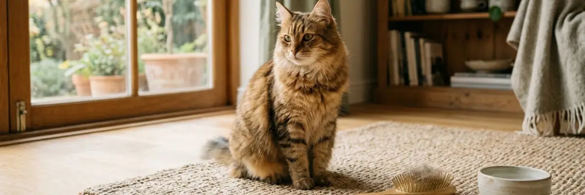 Immagine realizzata con intelligenza artificiale di un gatto tranquillo con spazzola in legno per prevenire il vomito da boli di pelo nel gatto in casa.