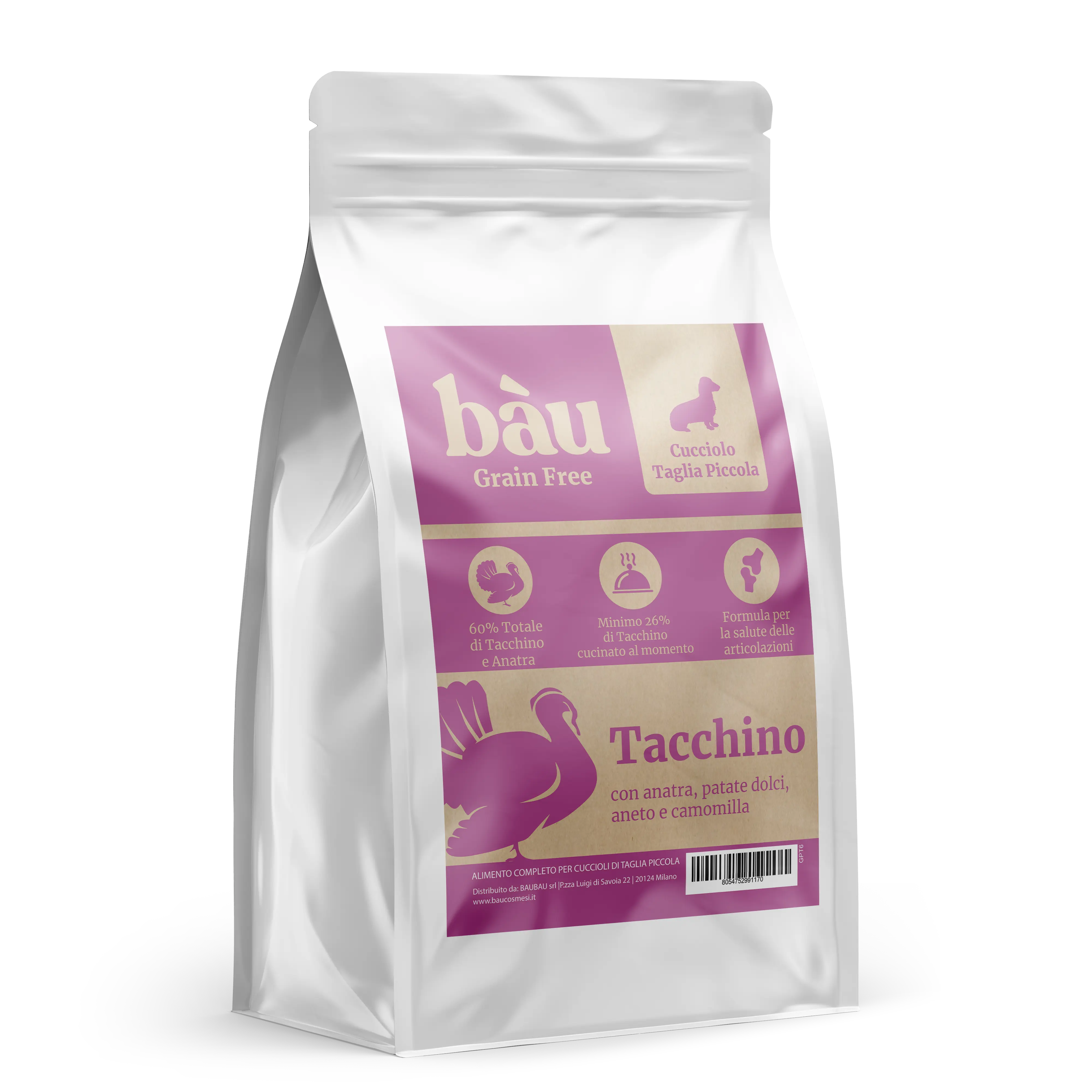 Crocchette con Tacchino, Anatra, Patate Dolci, Aneto e Camomilla per cani cuccioli di taglia piccola