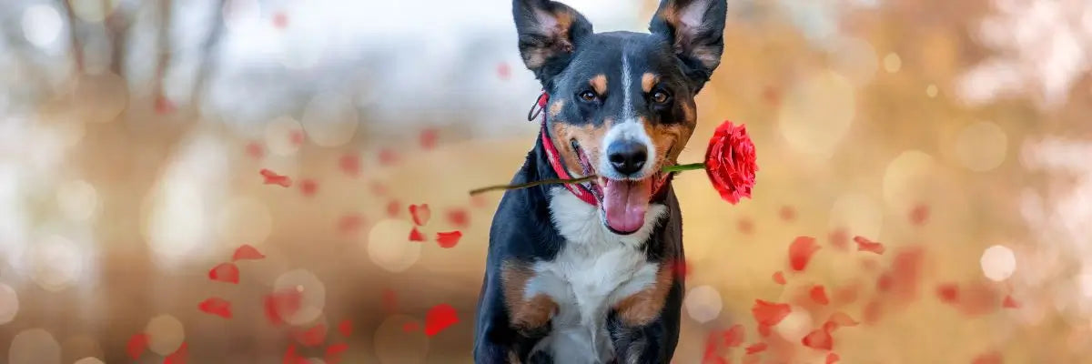 Un cane innamorato con una rosa in bocca