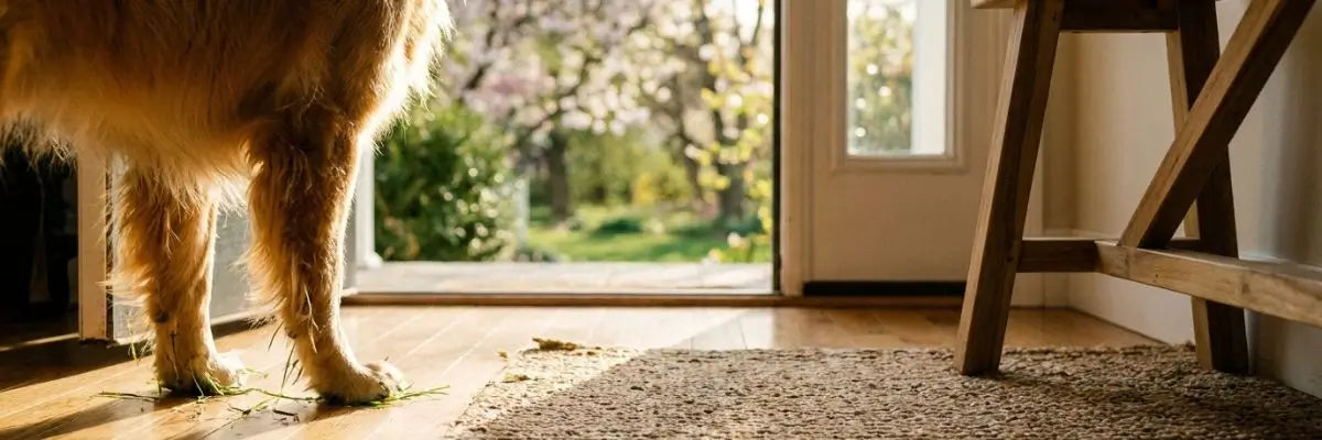 Cane che rientra in casa dopo una passeggiata primaverile sull'erba, simbolo delle allergie stagionali nel cane.