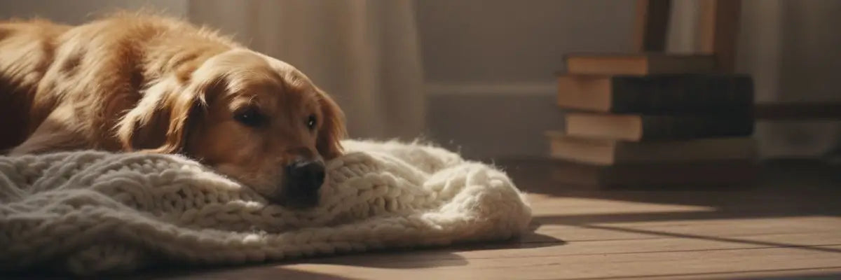 Cane sereno che si rilassa su una coperta calda, un rimedio naturale contro ansia e stress nel cane.