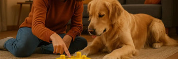 Un cane gioca in casa con il suo padrone durante una giornata autunnale, usando un gioco di attivazione mentale.