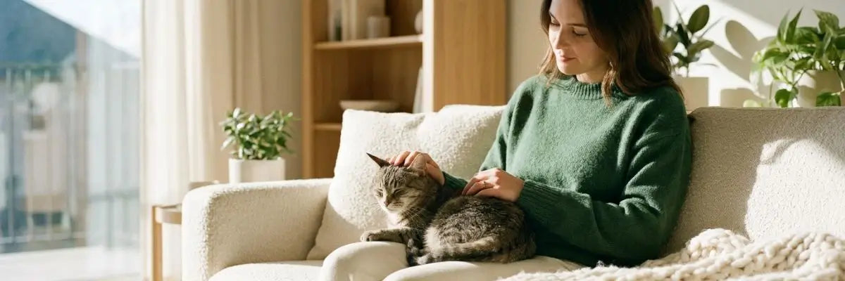 Donna accarezza un gatto sereno sul divano: benessere emotivo e gestione dello stress nel gatto.