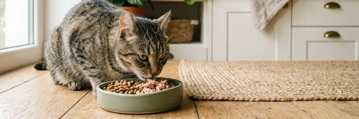Gatto che mangia un mix di crocchette e umido in una ciotola di ceramica durante un cambio di alimentazione graduale per il benessere intestinale