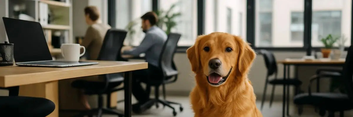 Cane in ufficio seduto tra le scrivanie in un open space moderno, simbolo dei benefici degli ambienti di lavoro pet-friendly.