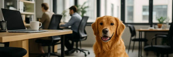 Cane in ufficio seduto tra le scrivanie in un open space moderno, simbolo dei benefici degli ambienti di lavoro pet-friendly.