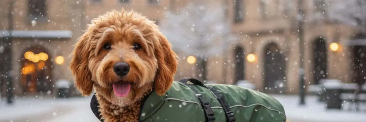 Un cane fuori in inverno mentre nevica con un cappottino invernale che copre schiena e addome