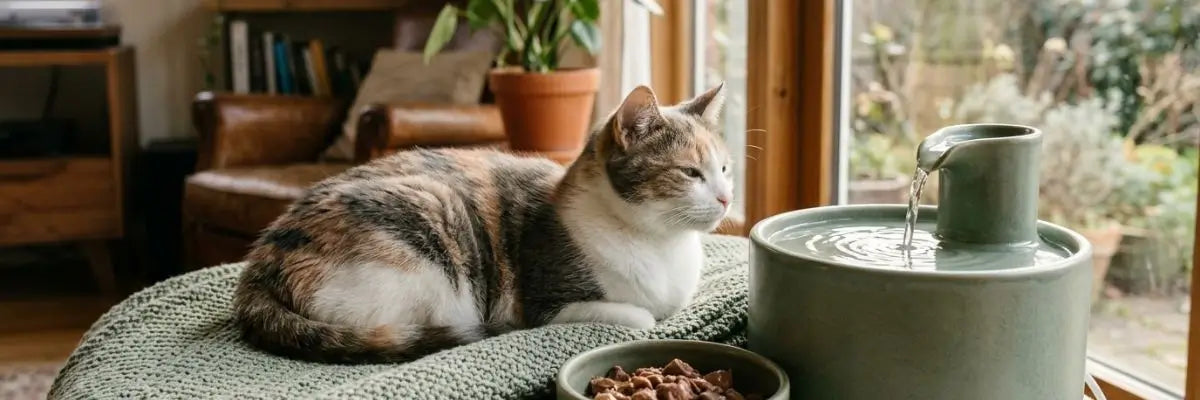 Un gatto sereno in un ambiente domestico accogliente accanto a una fontanella d'acqua e cibo umido, a simboleggiare la prevenzione naturale e la cura della cistite nel gatto per la salute urinaria.