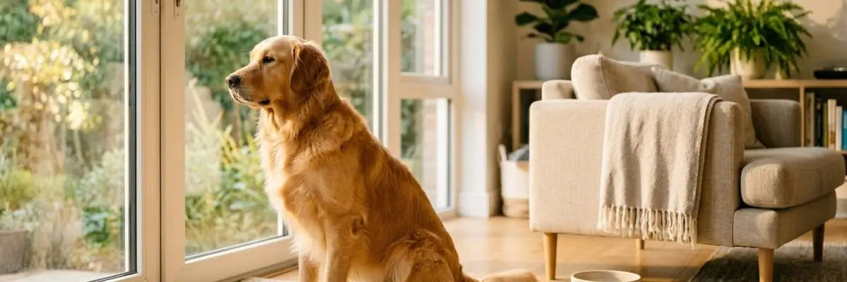 Cane seduto vicino a una finestra luminosa che osserva la luce naturale del mattino per adattarsi al cambio dell'ora legale.