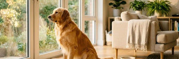 Cane seduto vicino a una finestra luminosa che osserva la luce naturale del mattino per adattarsi al cambio dell'ora legale.