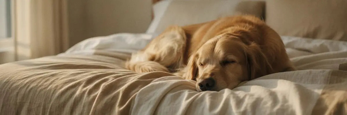 Un cane che dorme tranquillo sul letto del suo padrone