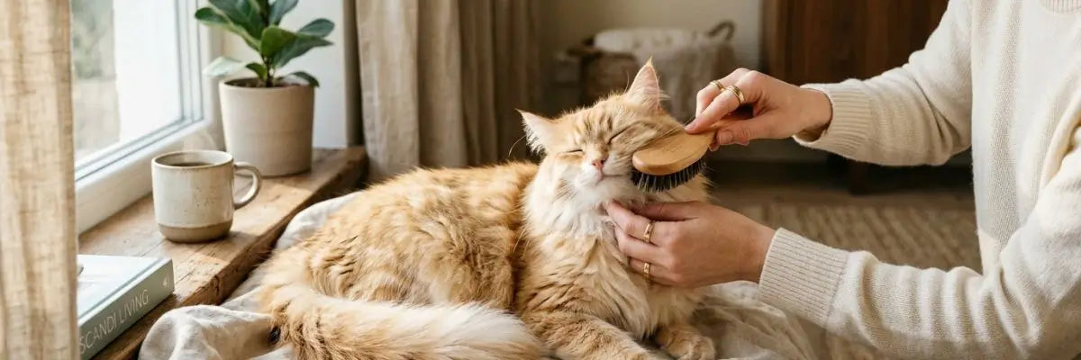 Gatto rilassato durante la cura del pelo con spazzola in legno naturale in un ambiente domestico accogliente.
