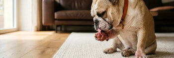 Un bulldog inglese in un appartamento moderno mentre si lecca le zampe per il prurito, rappresentando i sintomi della dermatosi nel cane. Immagine in stile lifestyle premium per un articolo sui rimedi naturali per la dermatite canina.