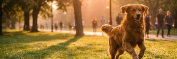 Un cane di razza Golden Retriever che corre in salute e felice in un parco cittadino