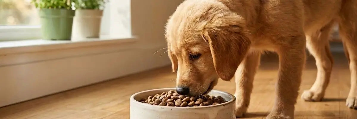Immagine realizzata con intelligenza artificiale che mostra un cane che mangia da una ciotola delle crocchette con ingredienti 100% naturali e certificati