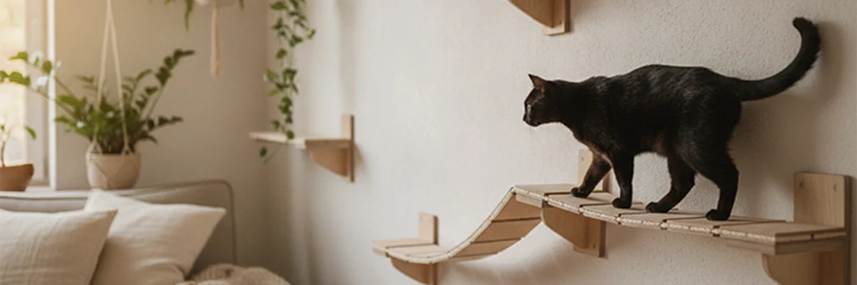 Gatto su mensole di legno in un soggiorno con arricchimento ambientale gatti per ridurre lo stress.