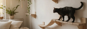 Gatto su mensole di legno in un soggiorno con arricchimento ambientale gatti per ridurre lo stress.