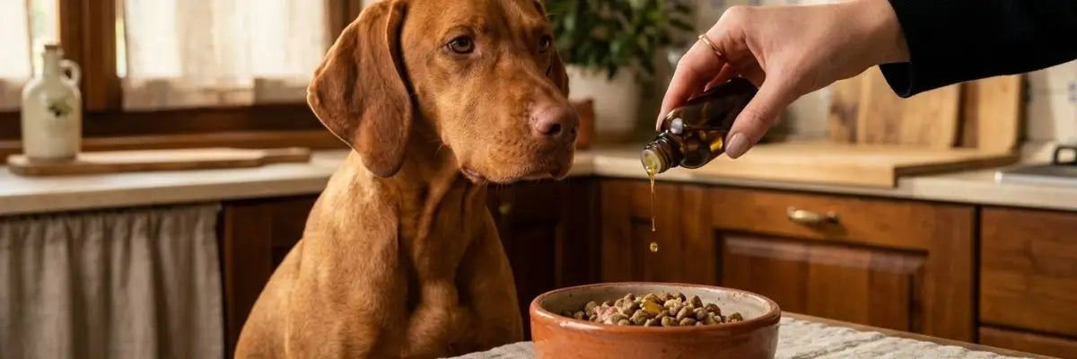 Un cane davanti alla sua ciotola con cibo con ingredienti naturali  mentre viene aggiunto un probiotico naturale per aiutare il cambio di alimentazione