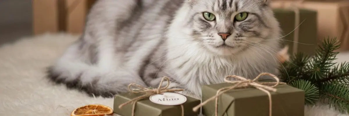 Un gatto in un ambiente natalizio con dei regali per lui