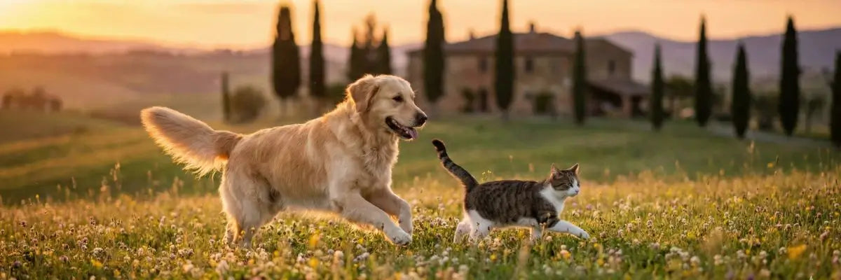 Cane e gatto sani corrono felici nella natura: prevenzione obesità e malattie croniche con stile di vita attivo.