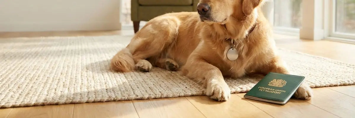 Cane Golden Retriever rilassato con passaporto europeo per animali, simbolo delle nuove norme UE sul microchip obbligatorio.