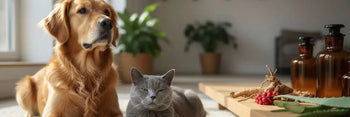 Cane e gatto sereni, circondati da ingredienti naturali che evocano la nutraceutica veterinaria e il benessere animale.