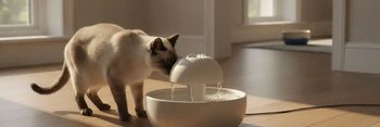 Immagine realizzata con AI di un gatto che beve da una fontanella: scopri perché il gatto beve poco in estate e come prevenire i rischi urinari.