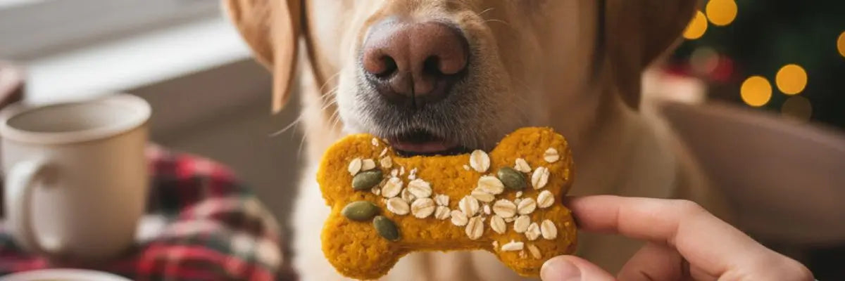 Un biscotto natalizio per cani realizzato con ingredienti naturali che viene dato ad un cane