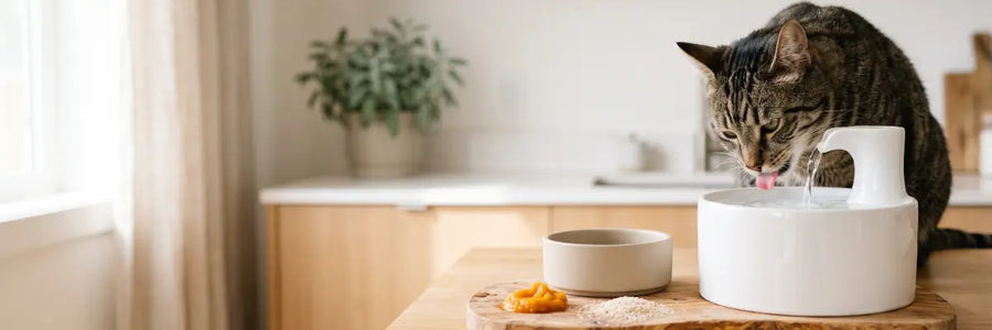Gatto che beve vicino a zucca e fibre di psillio