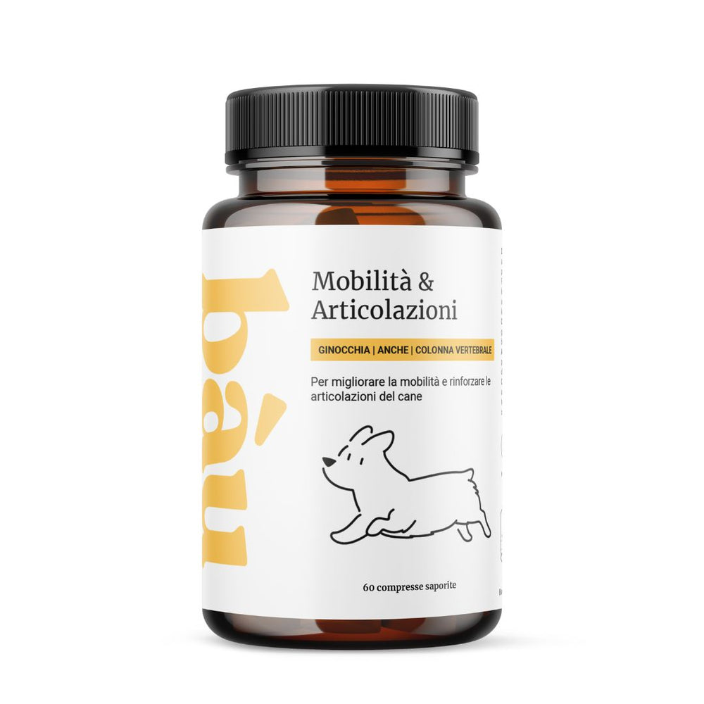 Dog joint supplement bottle with illustration and Italian text for mobility improvement.