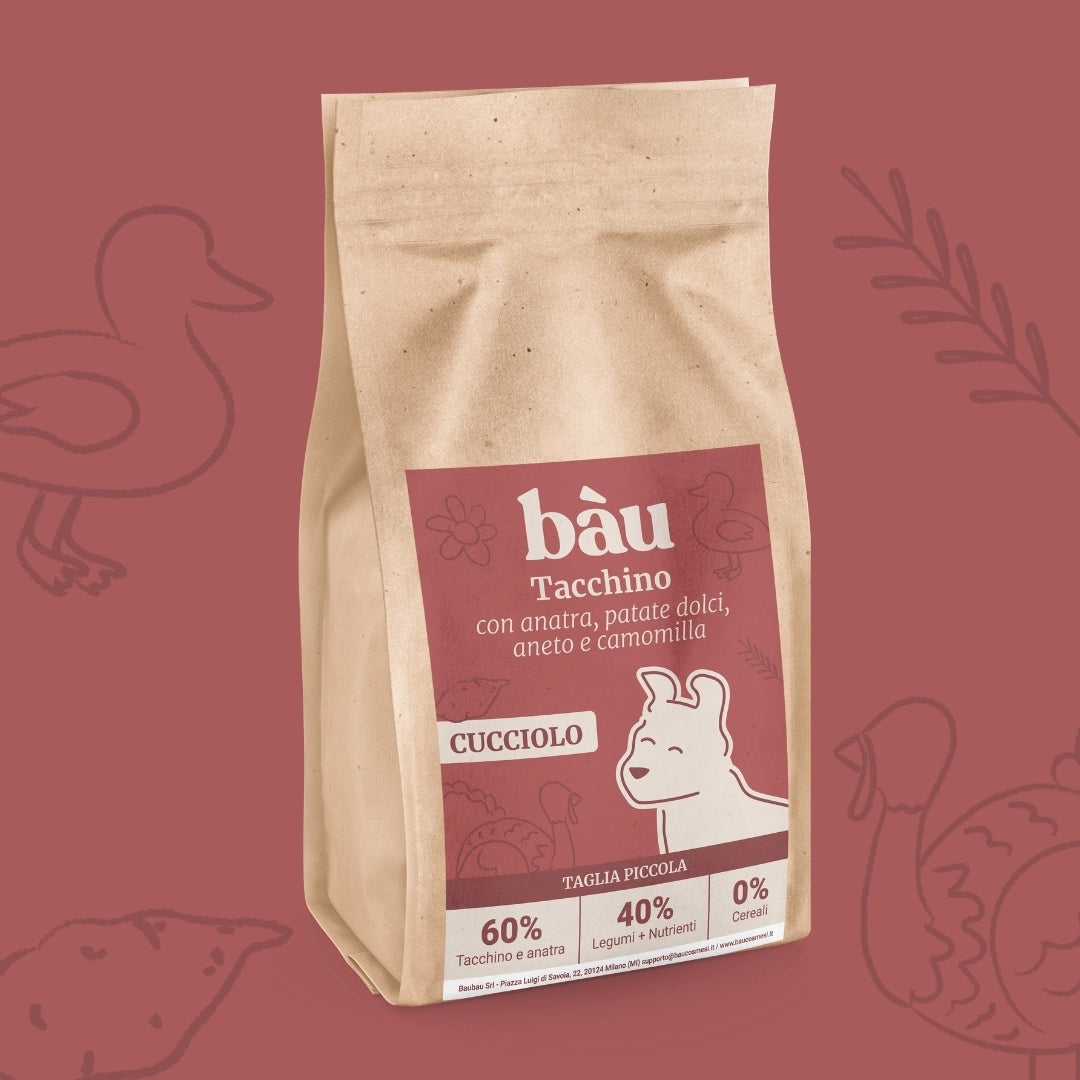 Crocchette con Tacchino, Anatra, Patate Dolci, Aneto e Camomilla per cani cuccioli di taglia piccola