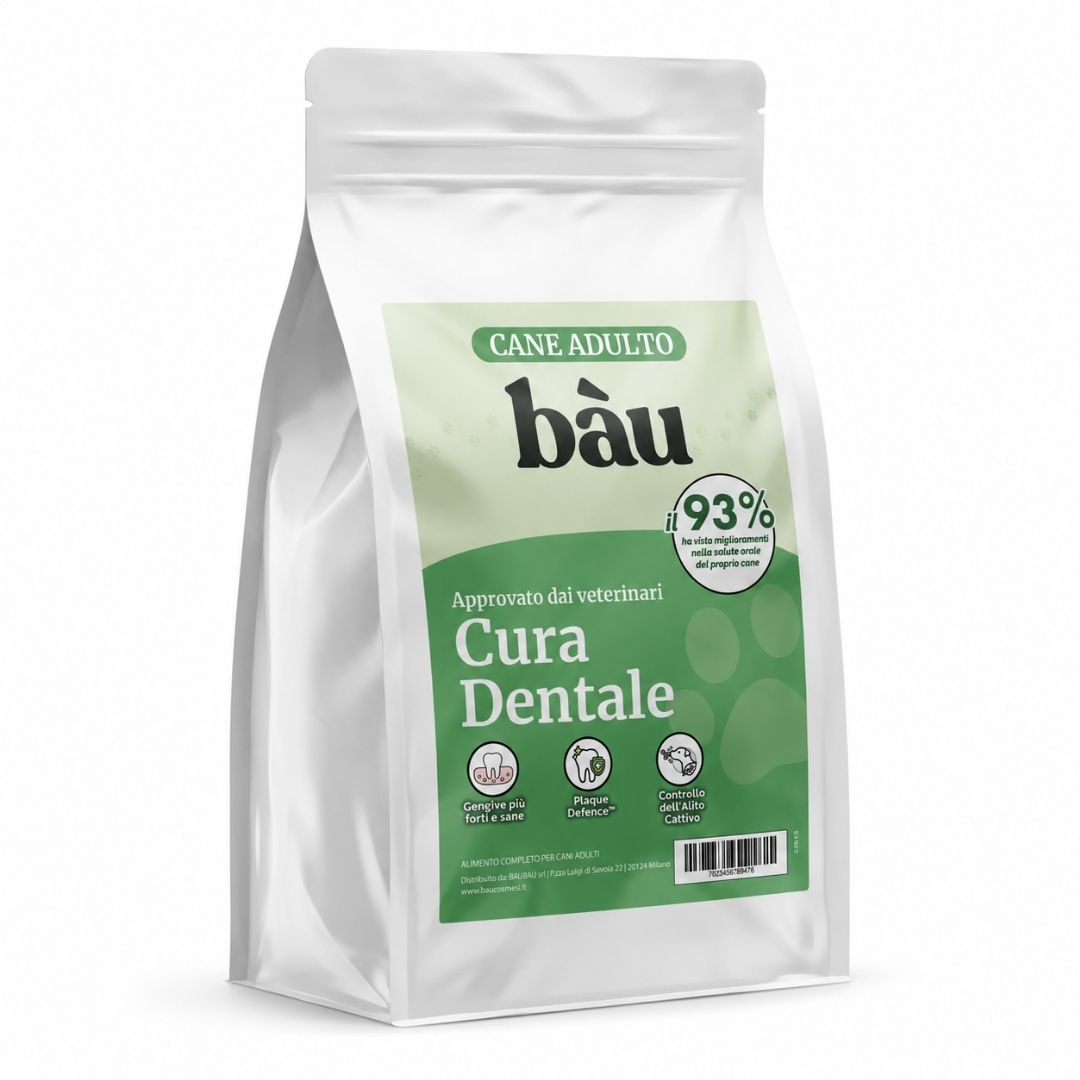 Sacco di crocchette Bàu per la cura dentale e l'igiene orale del cane adulto, grain free con PlaqueDefence