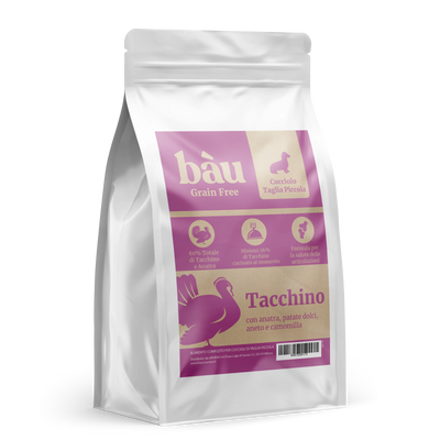 Crocchette con Tacchino, Anatra, Patate Dolci, Aneto e Camomilla per cani cuccioli di taglia piccola